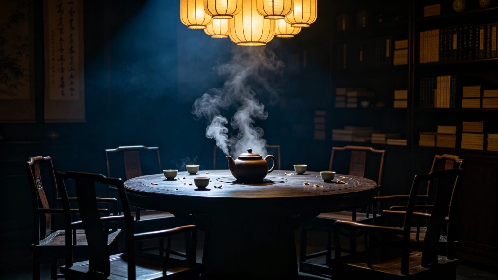 哲学茶馆头图：深蓝夜色中七把空椅围坐圆桌，紫砂壶热气升腾，金色灯笼光